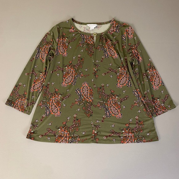 Liz Claiborne Tops - Liz Claiborne Paisley Print Blouse Top Olive Green Large Keyhole‎ 3/4 Sleeve